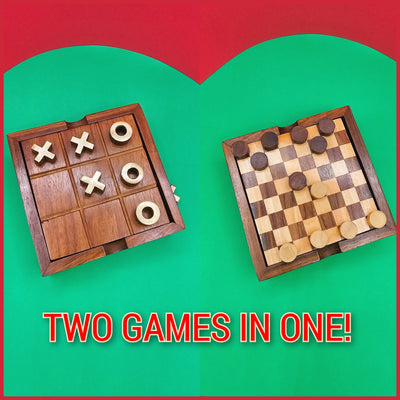 Hand-Carved Checkers and Tic Tac Toe Two Games in One Set